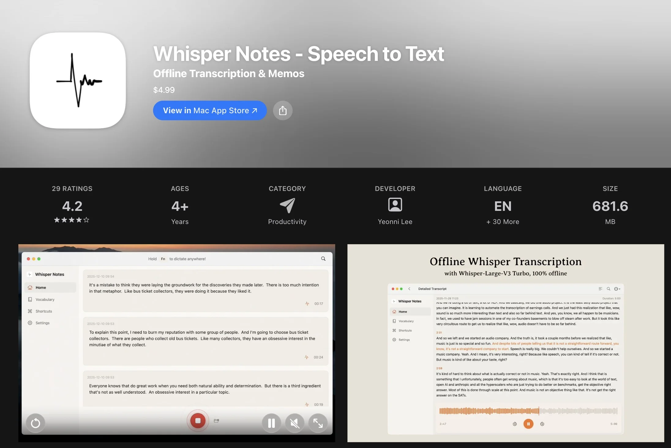 Whisper Notes App Store listing - $4.99 one-time purchase for Mac and iOS