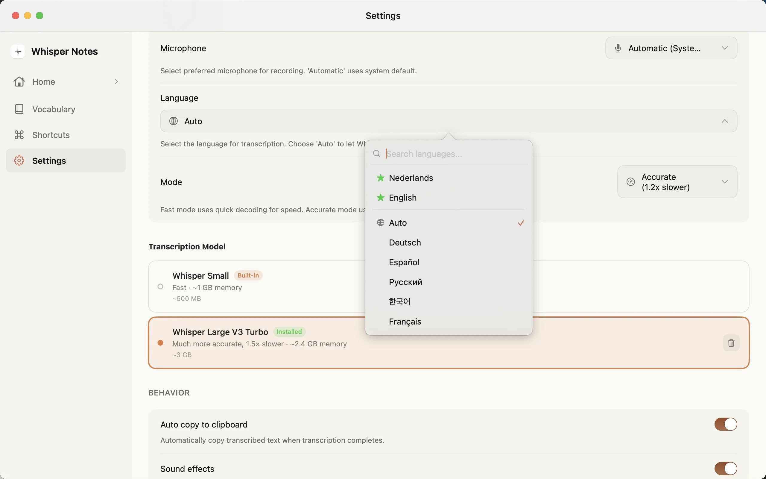 Whisper Notes settings and model selection