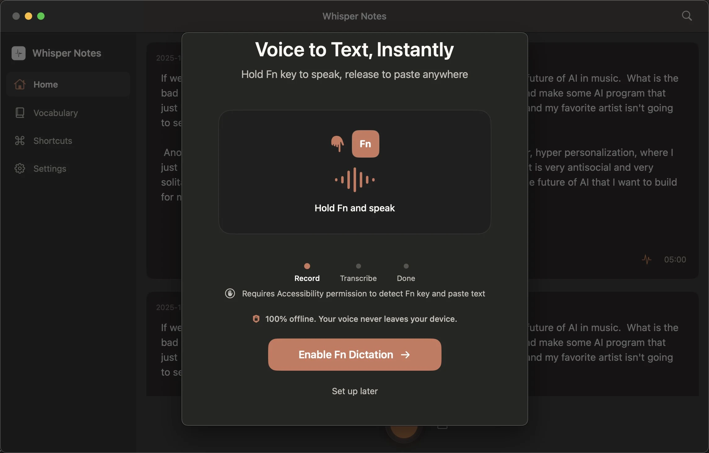 Whisper Notes Systemweite Fn-Schlüsseldiktierung auf Mac - Text erscheint in jeder App, lokal verarbeitet