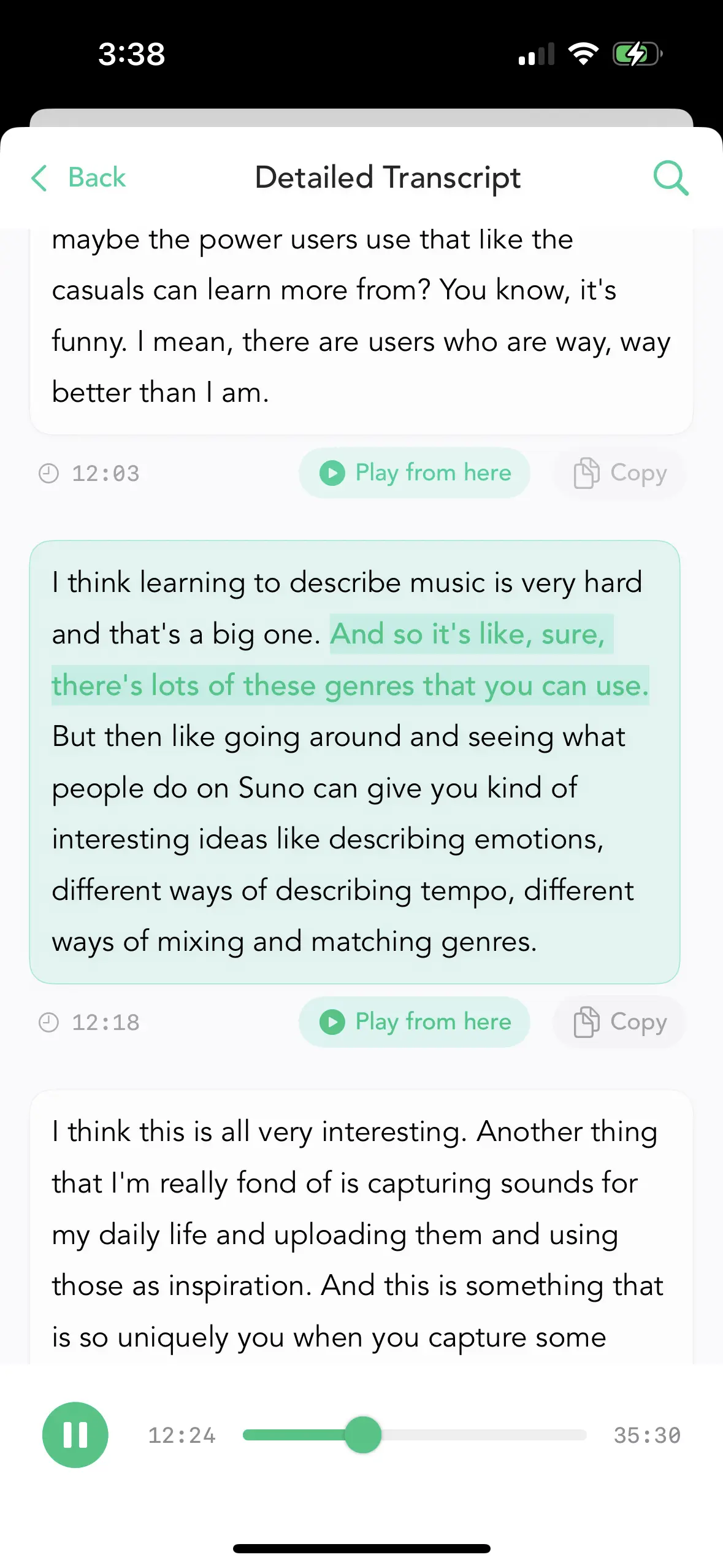 Long transcription view with timestamps and paragraph formatting