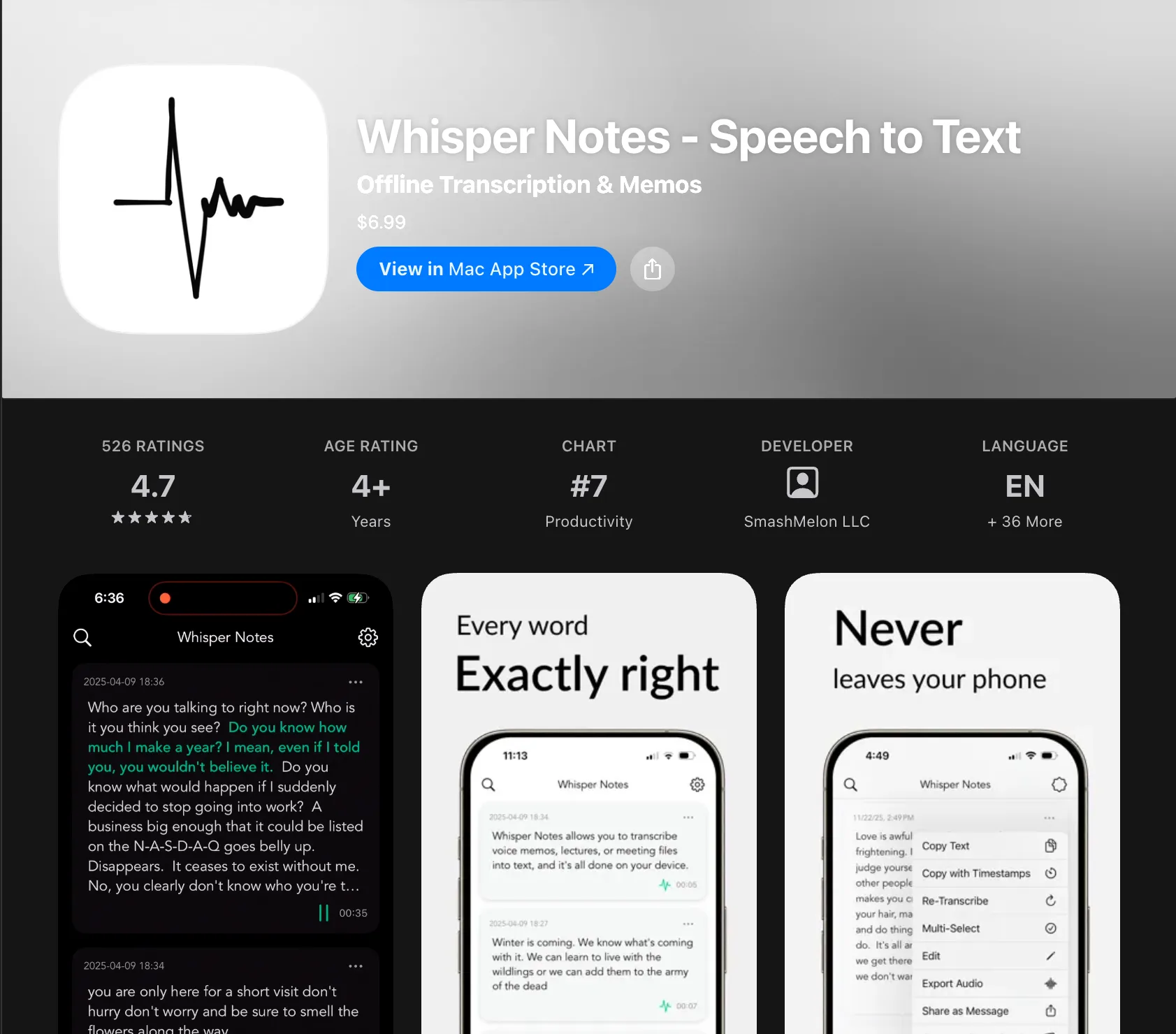 App Store 上 Whisper Notes 一次性 $6.99 购买