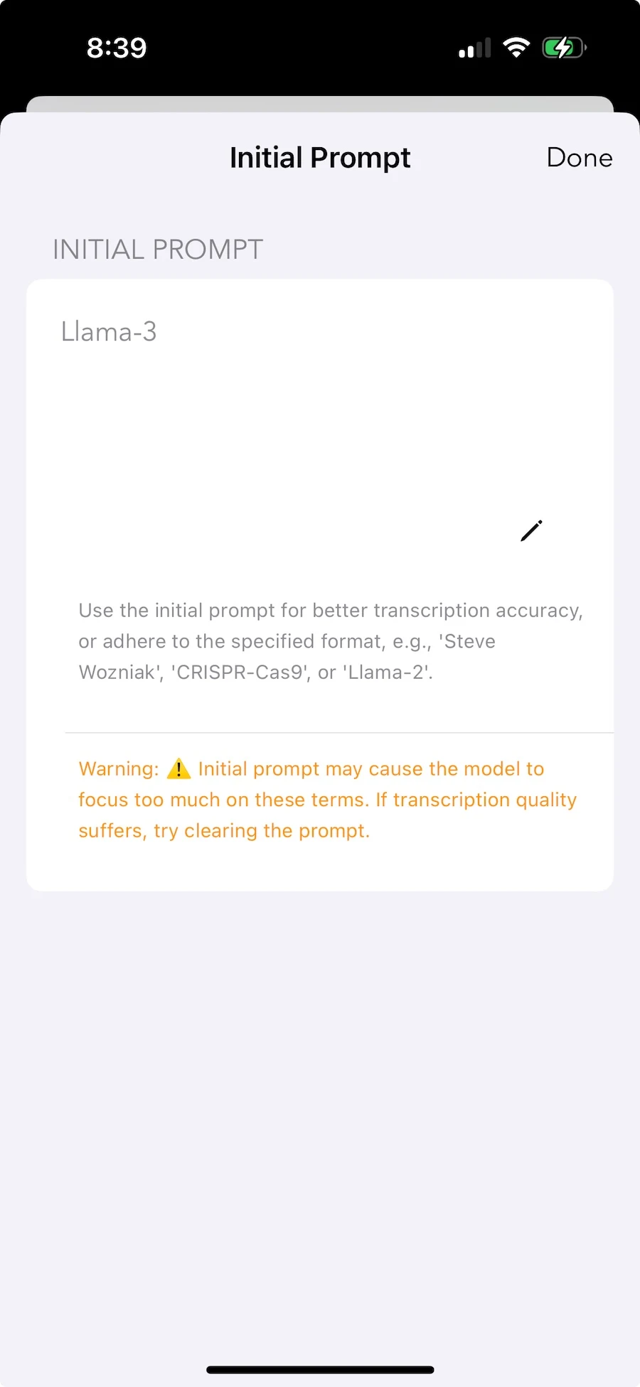 Whisper Notes initial prompt settings for better accuracy
