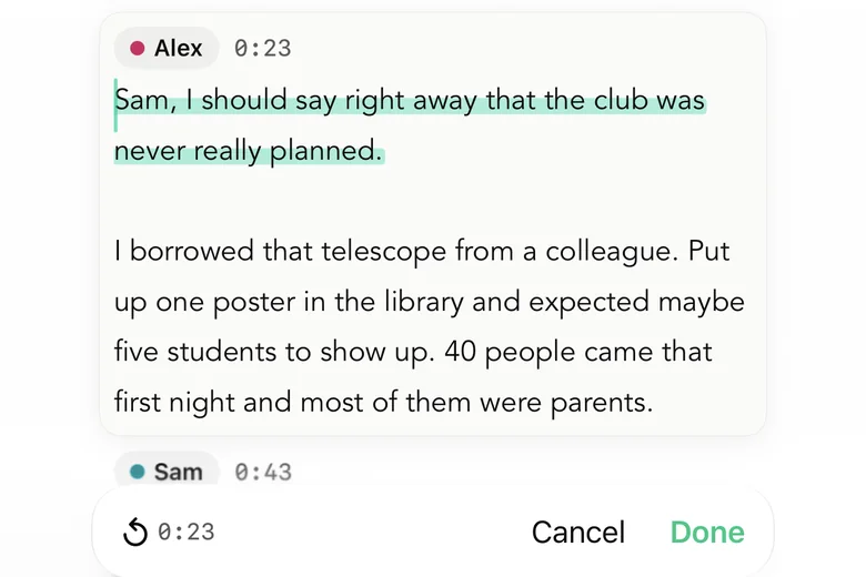 Ett stycke redigeras på plats i ett Whisper Notes-transkript med talarna Alex och Sam; under det en list med uppspelning från 0:23, ”Cancel” och ”Done”