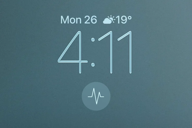 iPhones låsskärm med ”Mon 26”, 4:11 och den runda Whisper Notes-widgeten under klockan