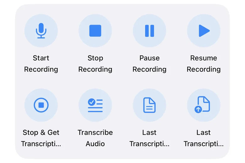 Whisper Notes-åtgärder i appen Genvägar på iPhone: Start Recording, Stop Recording, Pause Recording, Resume Recording, Stop & Get Transcription, Transcribe Audio och två knappar för Last Transcription
