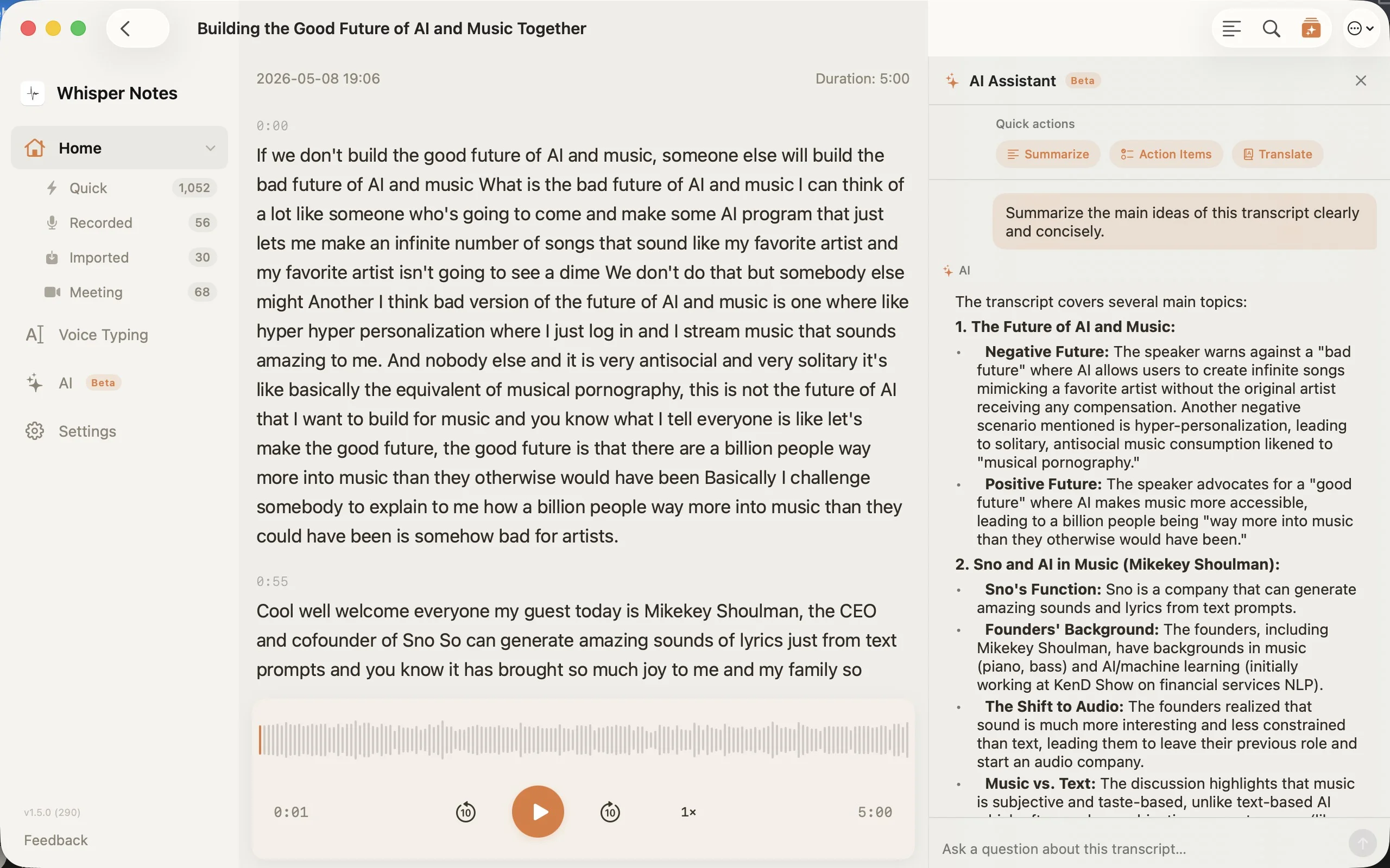Whisper Notes KI-Assistent Seitenleiste mit Zusammenfassen-, Aufgaben-, Übersetzen-Buttons und Chat-Interface