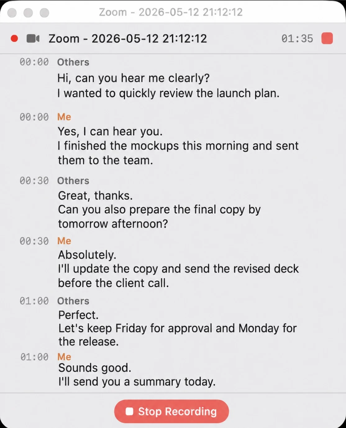 Whisper Notes nimmt ein Zoom-Meeting auf dem Mac auf, mit Echtzeit-Transkription und Sprecherlabels Ich und Andere