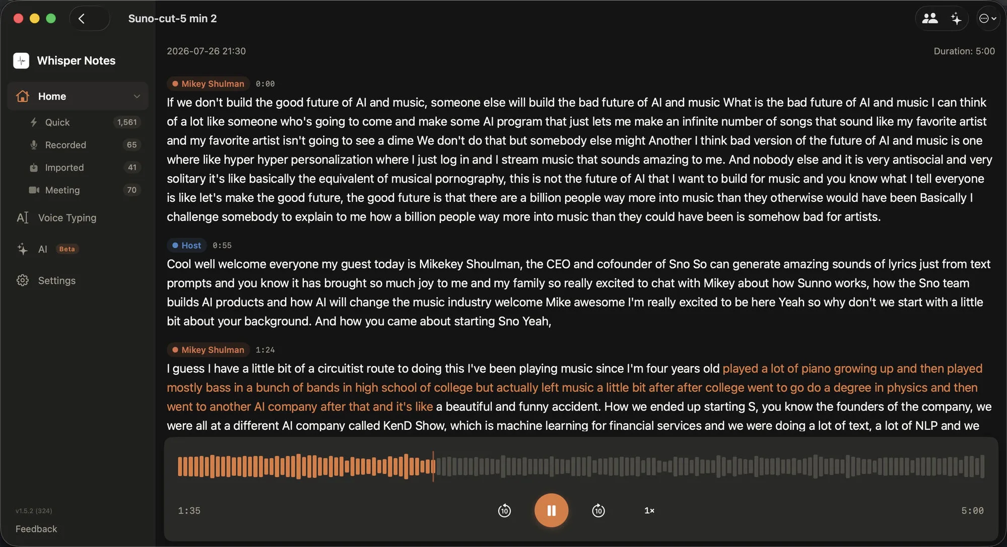 Lokale Sprecherdiarisierung in Whisper Notes für Mac: Podcast-Transkript mit Sprecher-Labels und Zeitstempeln, auf dem Gerät verarbeitet