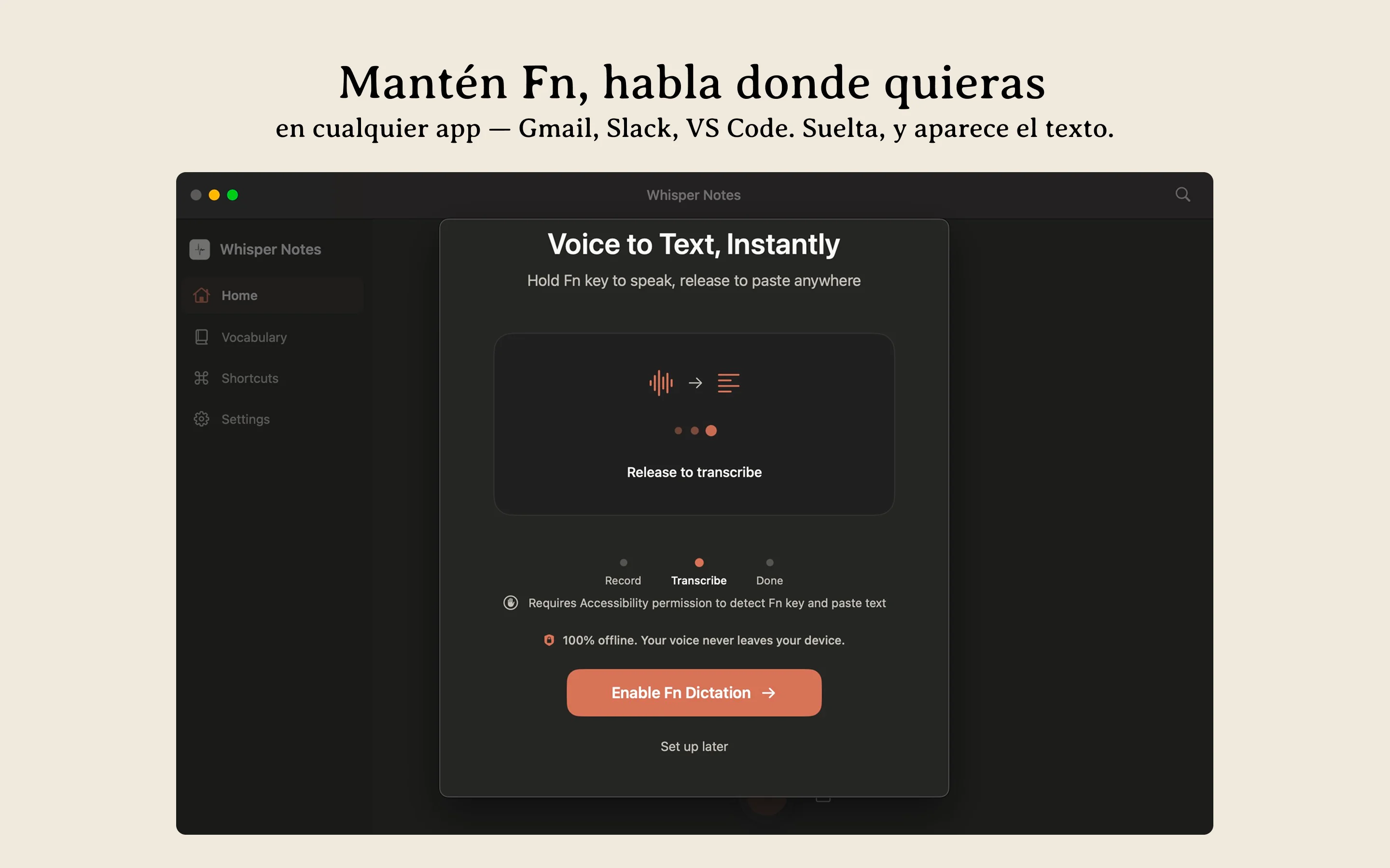 Whisper Notes Mac: escritura por voz offline — mantén Fn para dictar en cualquier aplicación