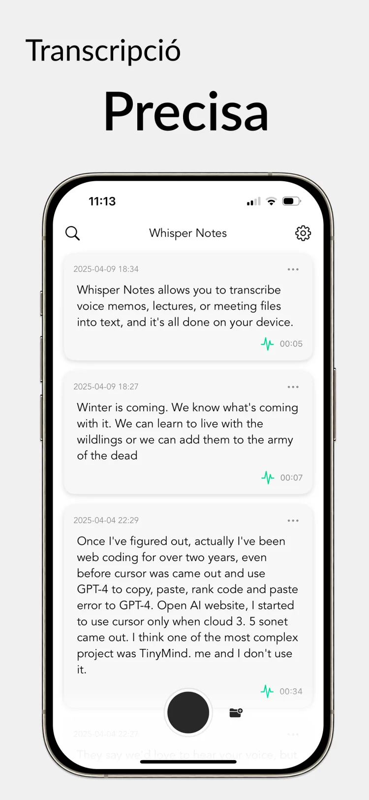 35 minuts d'àudio en 18 segons - WhisperNotes app interface