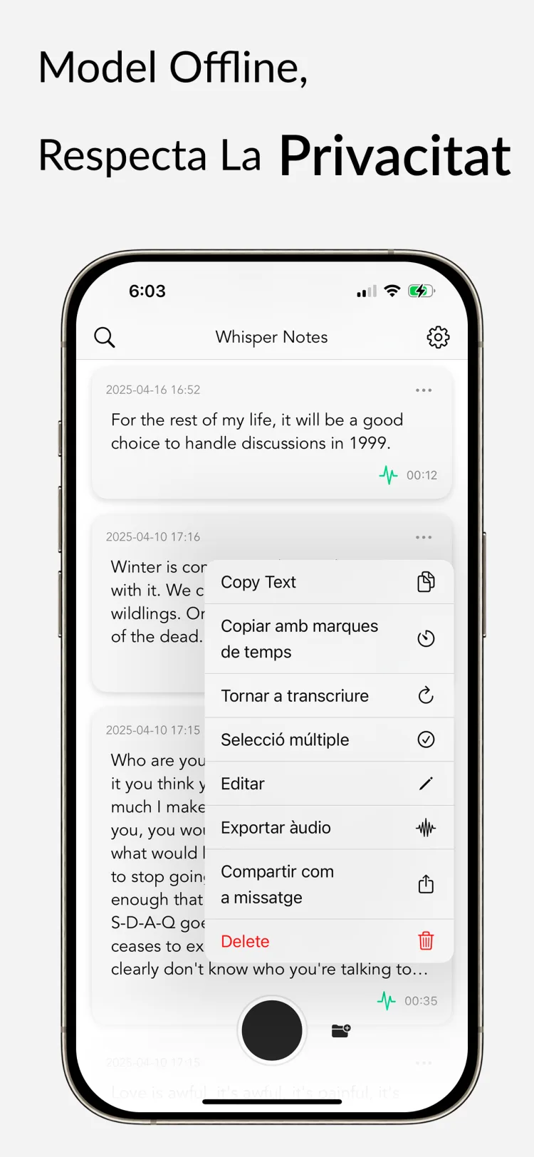 Transcripció sense connexió - WhisperNotes app interface