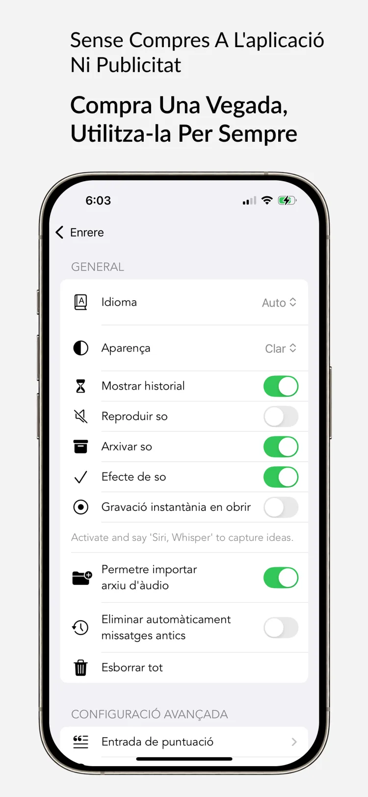 Accés de per vida - WhisperNotes app interface