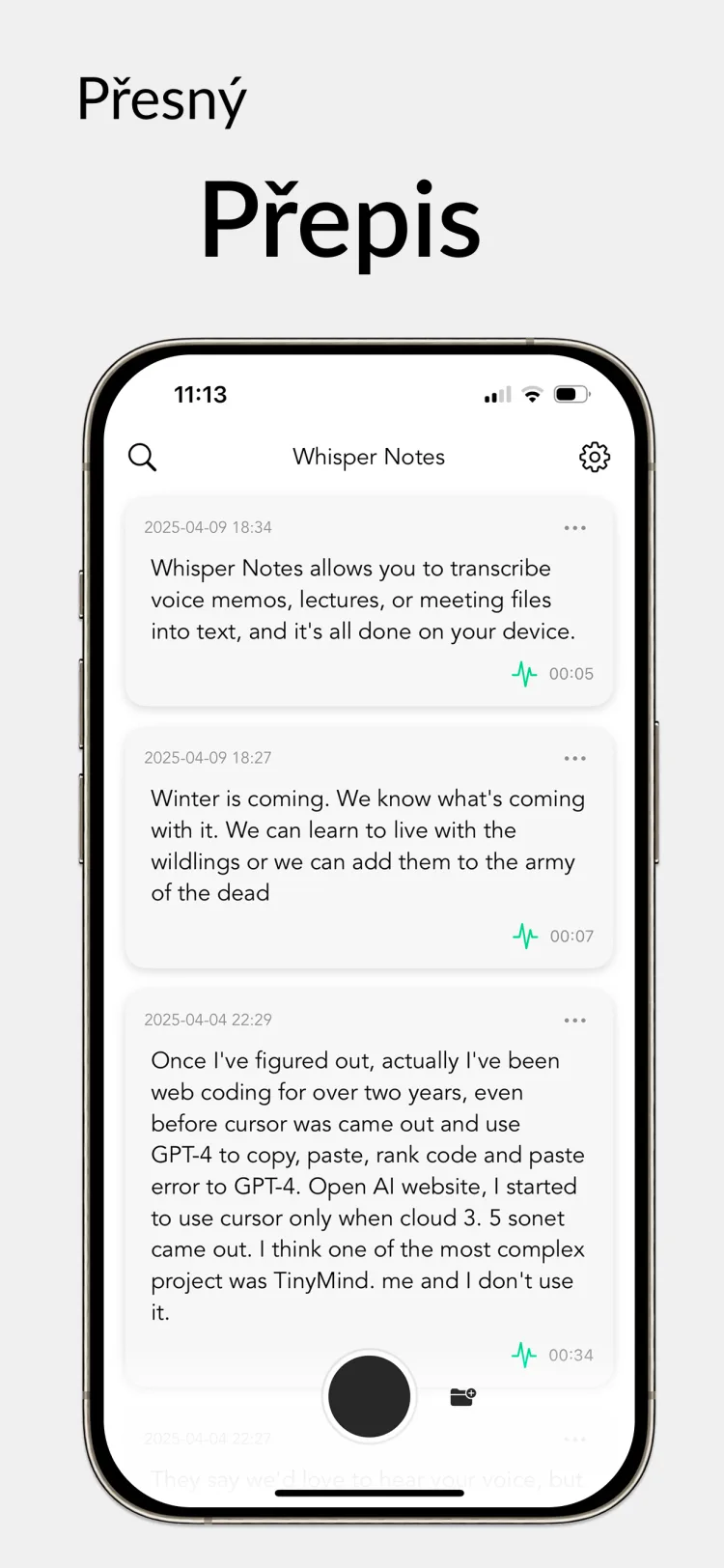 35 minut zvuku za 18 sekund - WhisperNotes app interface