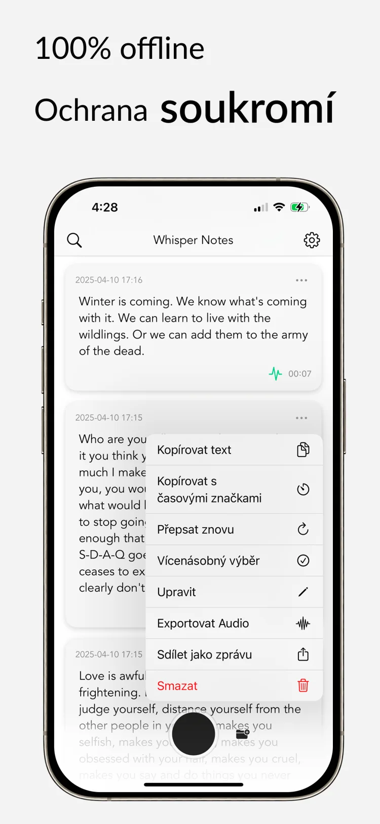 Offline přepis - WhisperNotes app interface