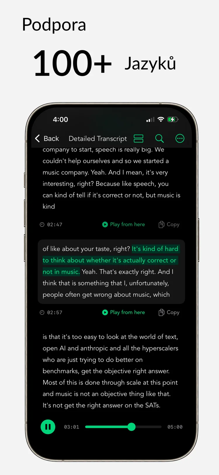 100+ jazyků - WhisperNotes app interface