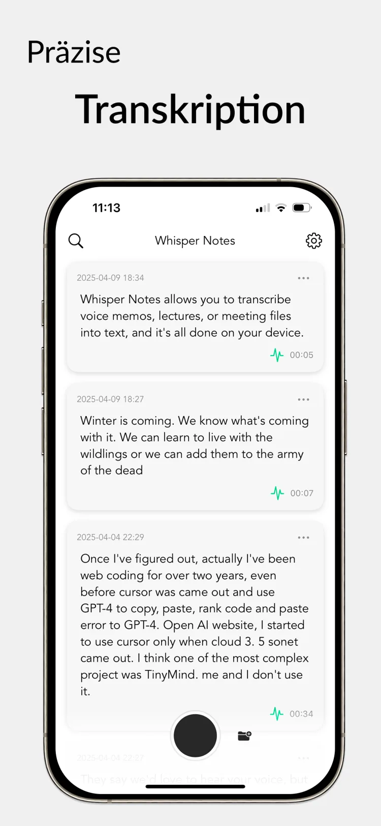 35 Minuten Audio in 20 Sekunden - WhisperNotes app interface