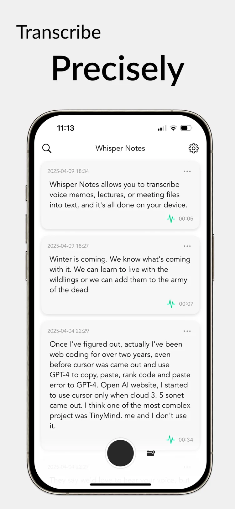35 Minutes in 18 Seconds - WhisperNotes app interface