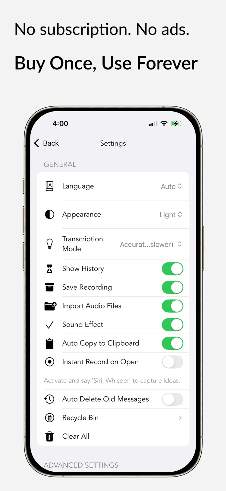 Buy Once, Use Forever - WhisperNotes app interface