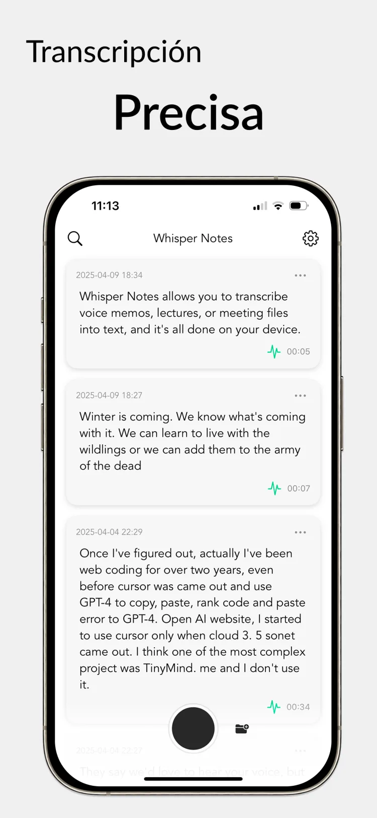 35 minutos de audio en 18 segundos - WhisperNotes app interface