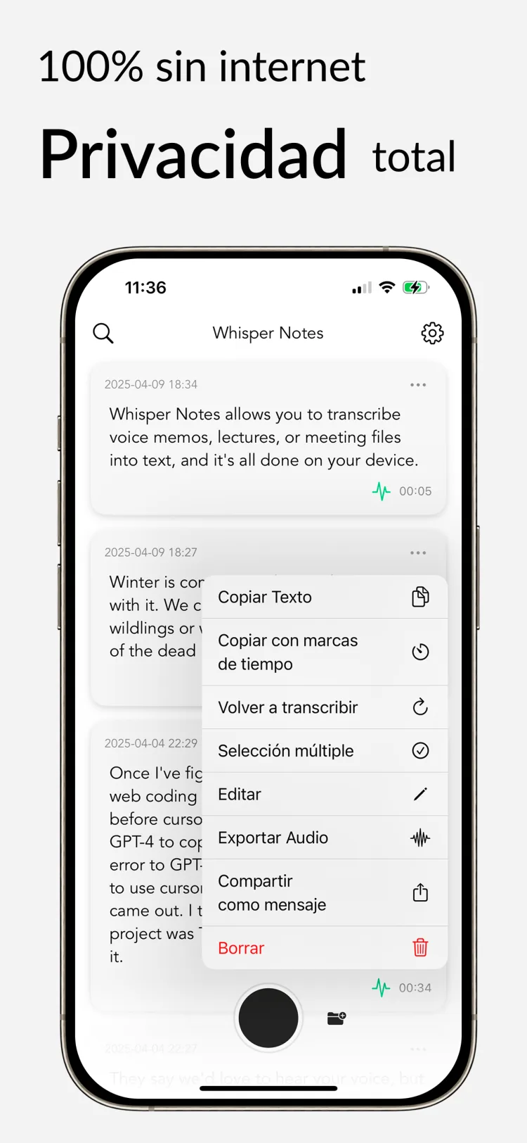 Transcripción sin conexión - WhisperNotes app interface