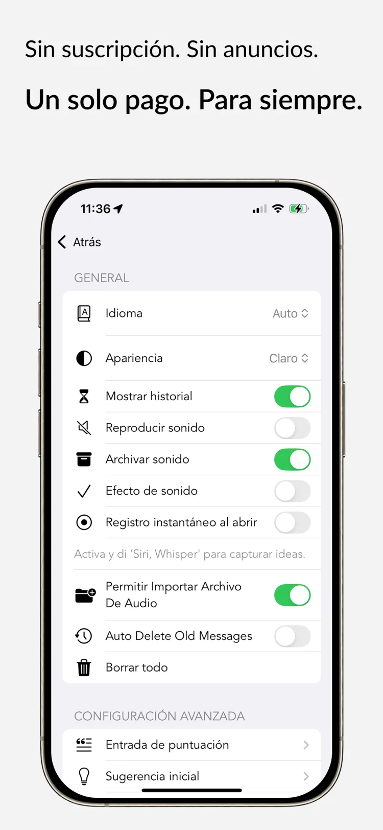 Acceso de por vida - WhisperNotes app interface
