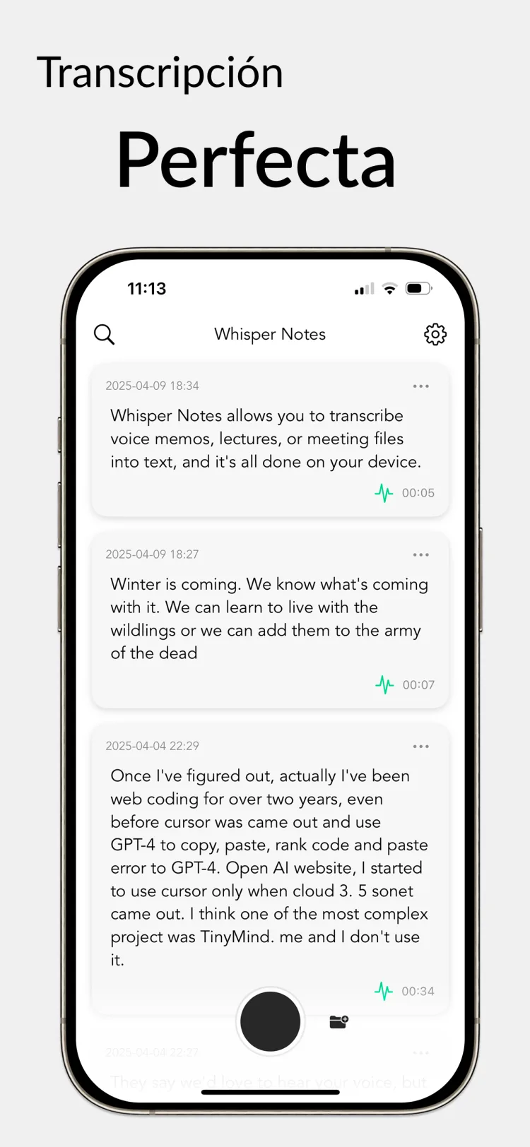 35 minutos de audio en 18 segundos - WhisperNotes app interface