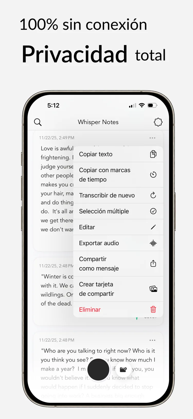 Funciona offline - WhisperNotes app interface