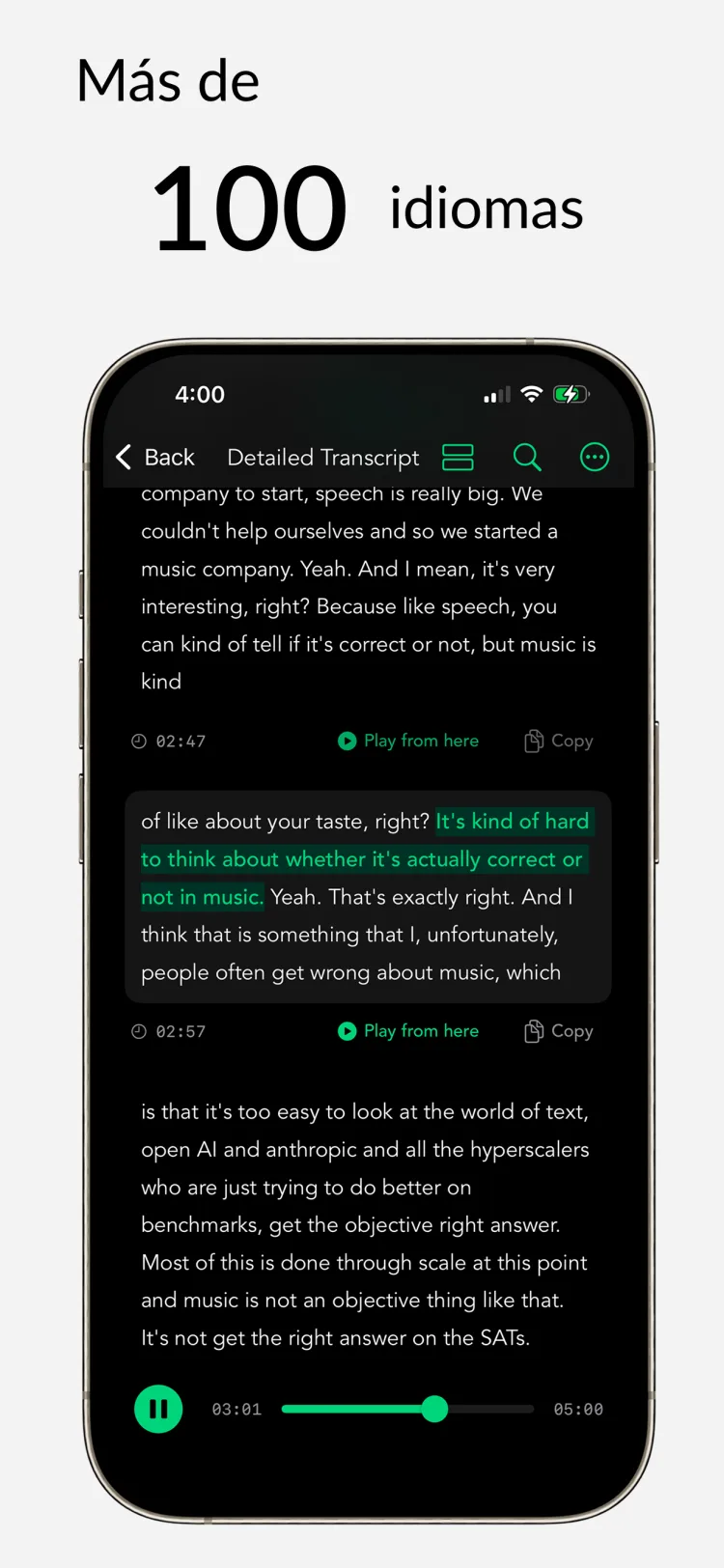 100+ idiomas - WhisperNotes app interface