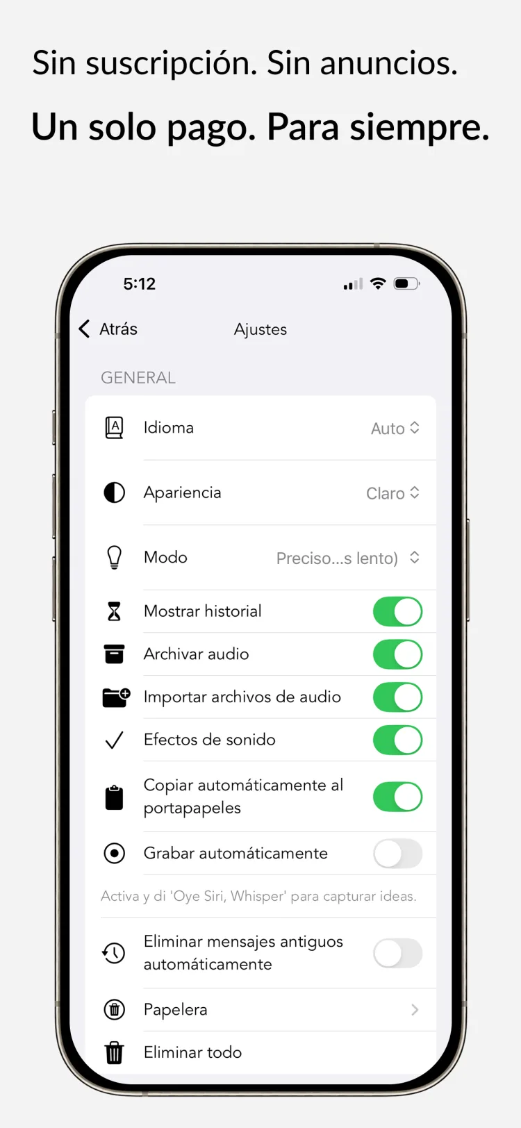 Paga una vez, tuyo para siempre - WhisperNotes app interface