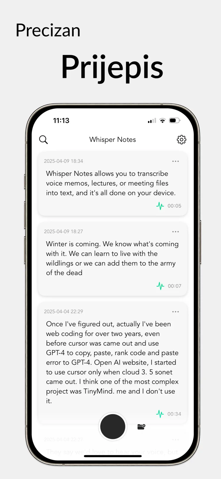 35 minuta zvuka za 18 sekundi - WhisperNotes app interface