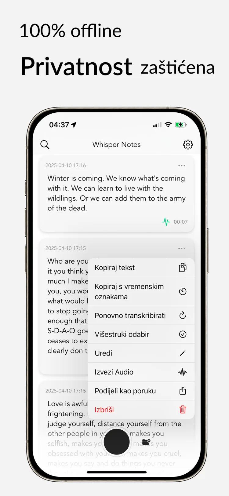 Offline transkripcija - WhisperNotes app interface