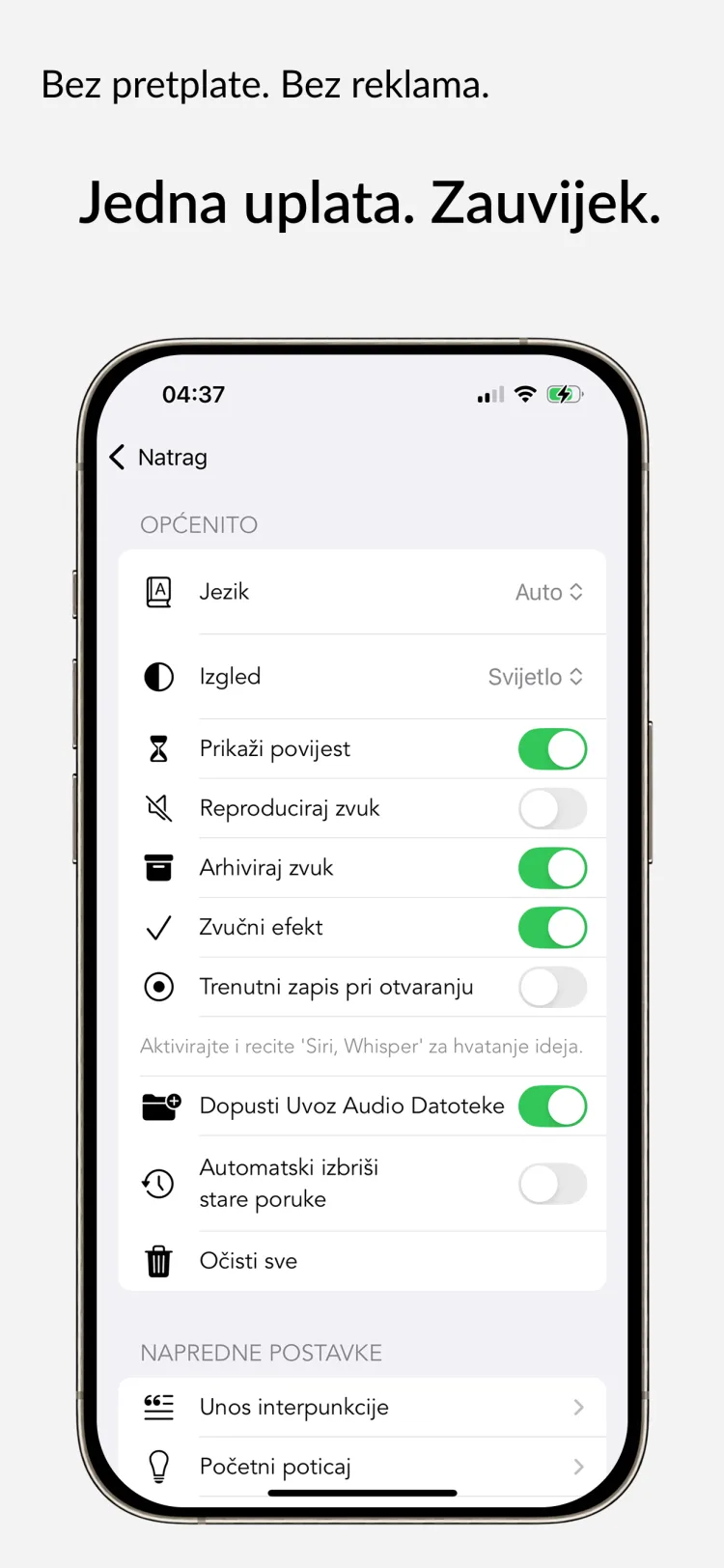 Doživotni pristup - WhisperNotes app interface
