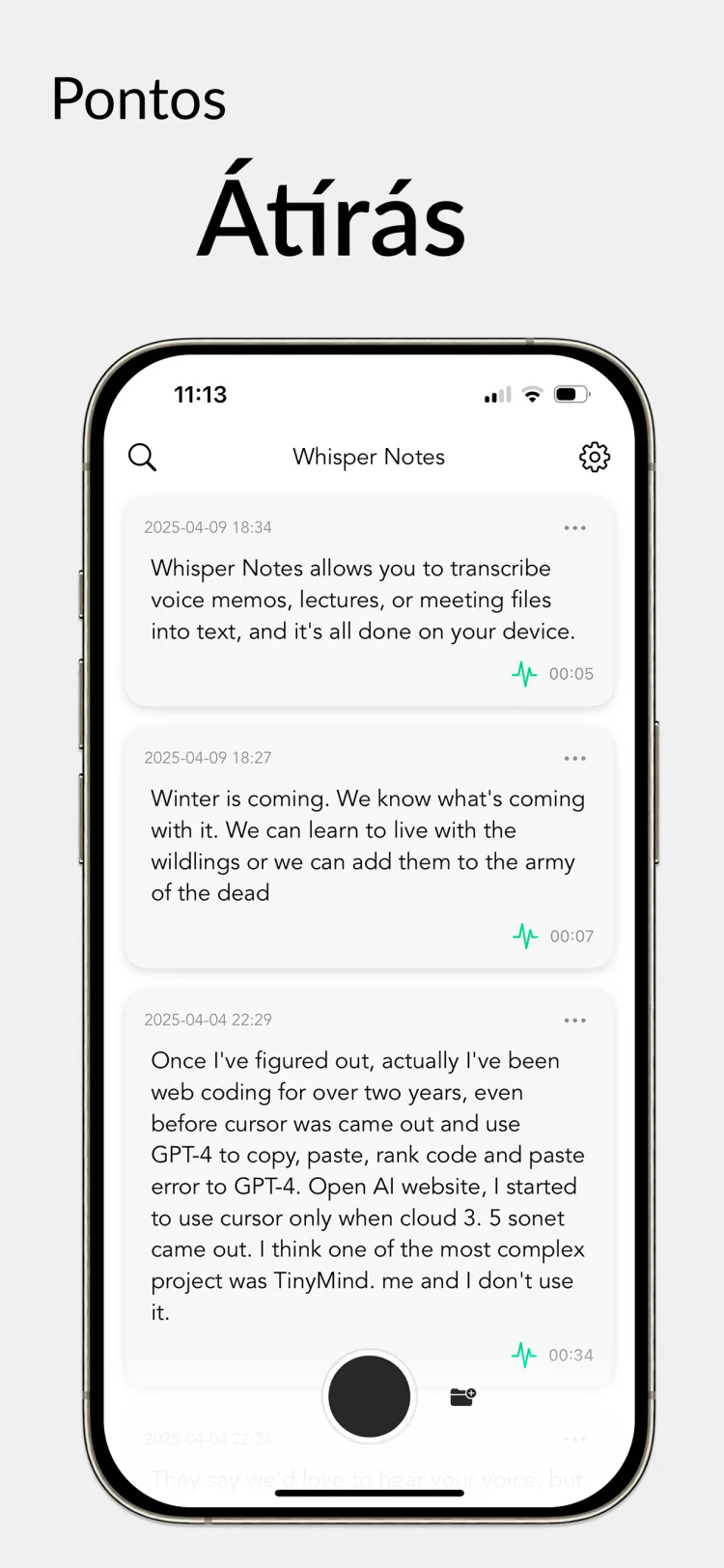 35 perc hang 18 másodperc alatt - WhisperNotes app interface