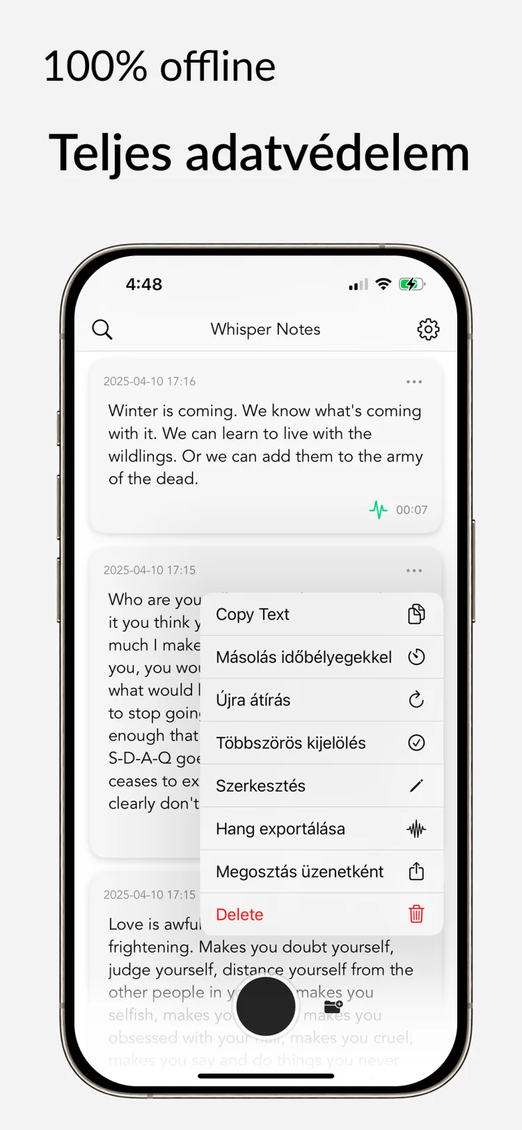 Offline Átirat - WhisperNotes app interface