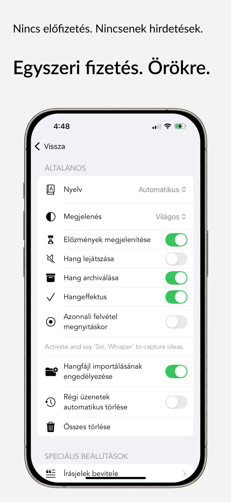 Élethosszig Tartó Hozzáférés - WhisperNotes app interface