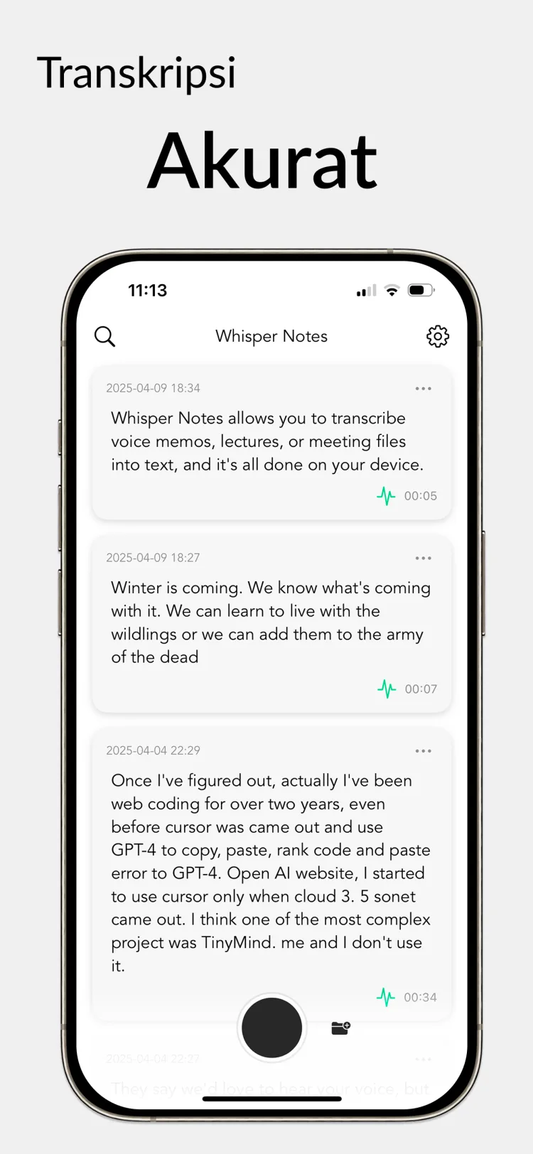 Audio 35 menit dalam 20 detik - WhisperNotes app interface
