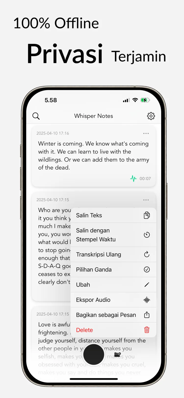 Transkripsi Offline - WhisperNotes app interface