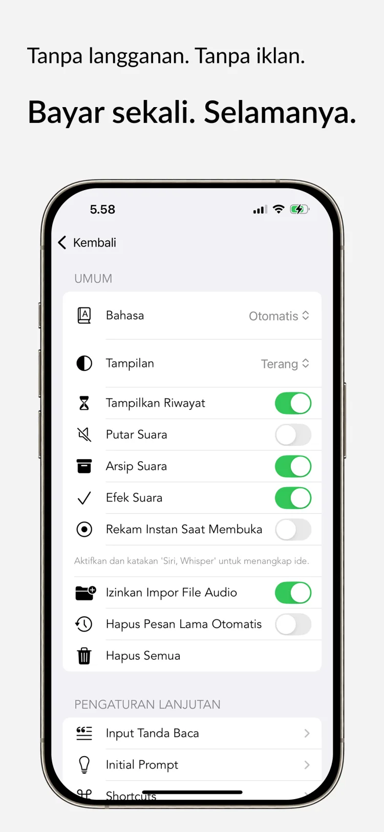 Akses Selamanya - WhisperNotes app interface