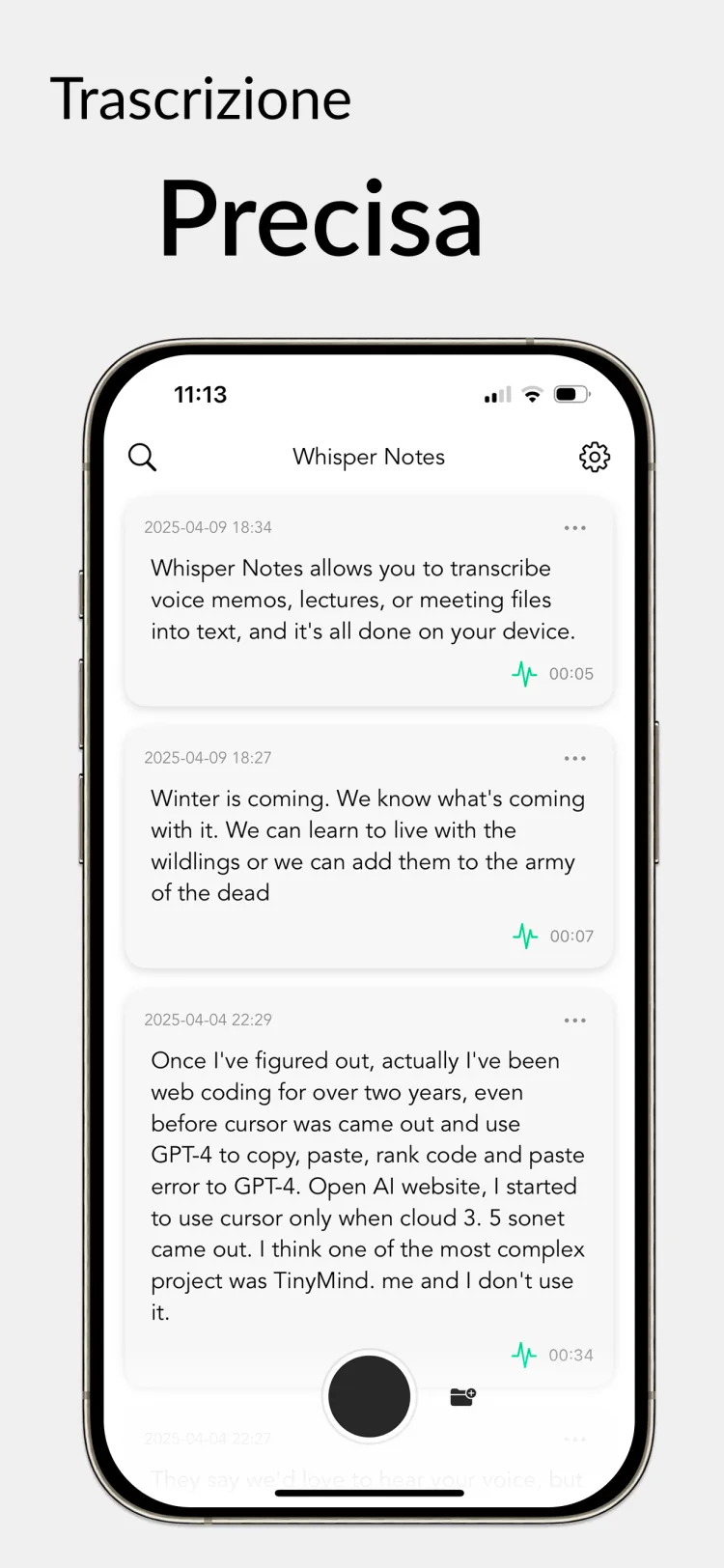 35 minuti di audio in 18 secondi - WhisperNotes app interface