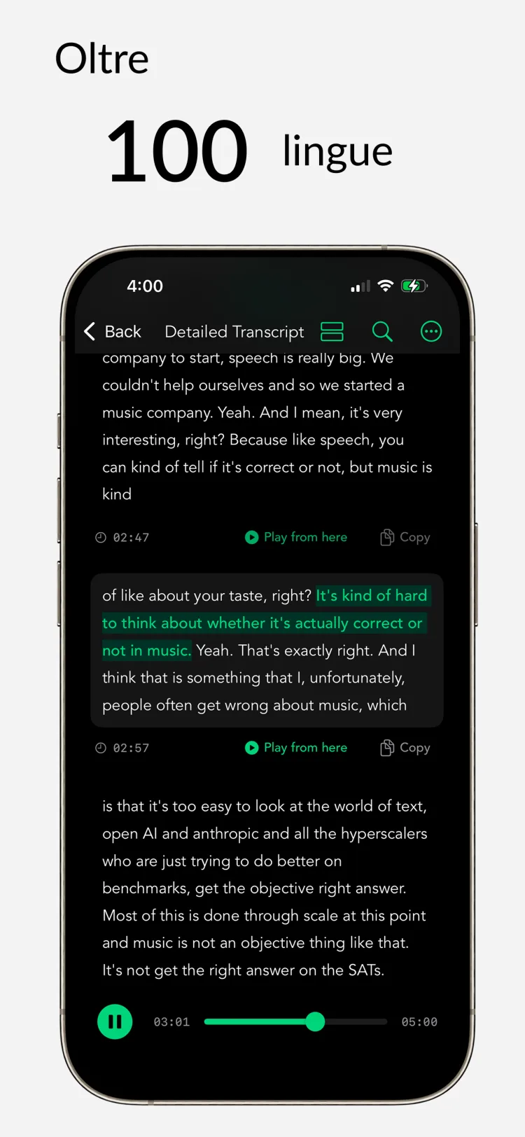 Oltre 80 lingue - WhisperNotes app interface