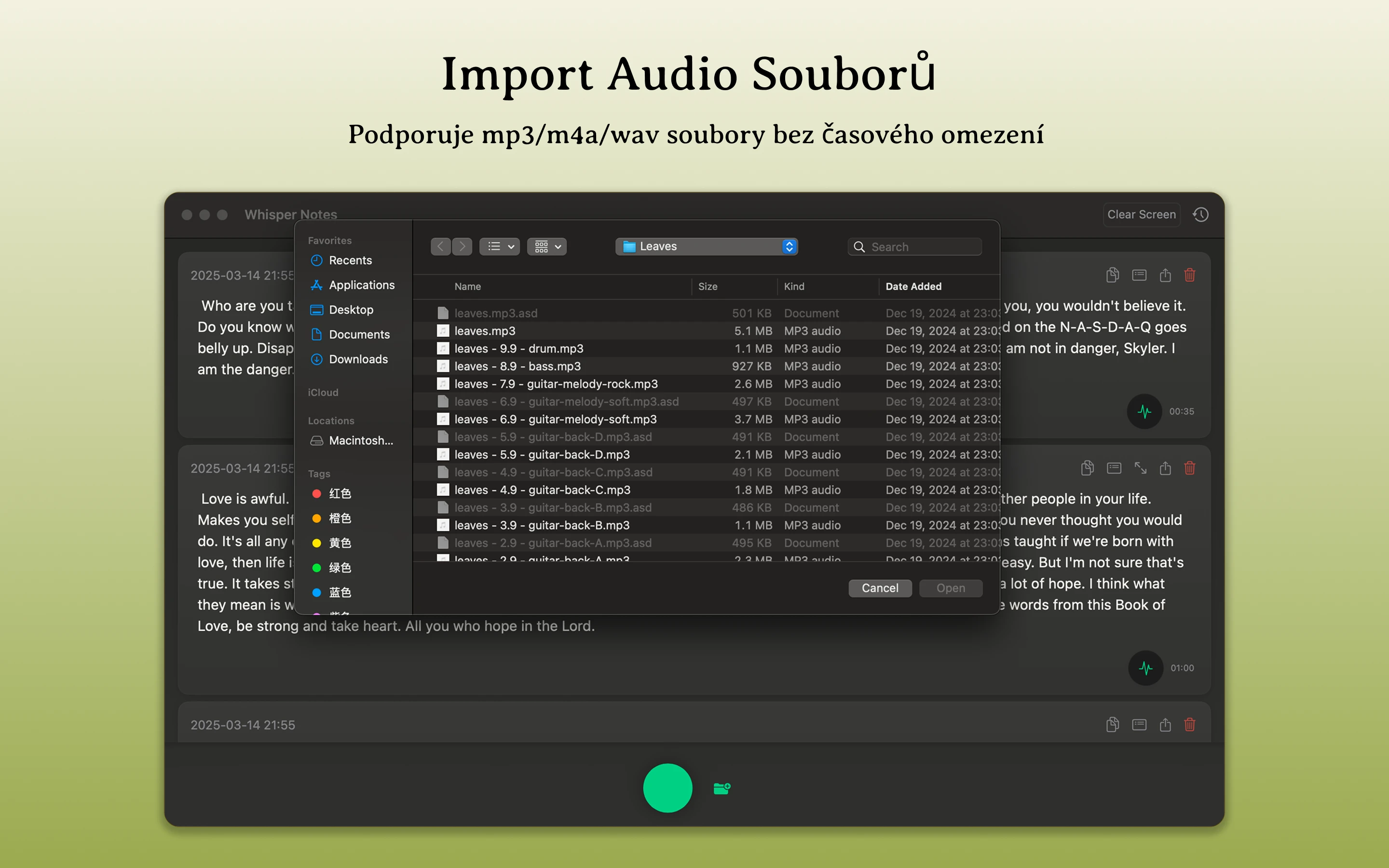 Funkce importu zvuku v Mac Whisper Notes