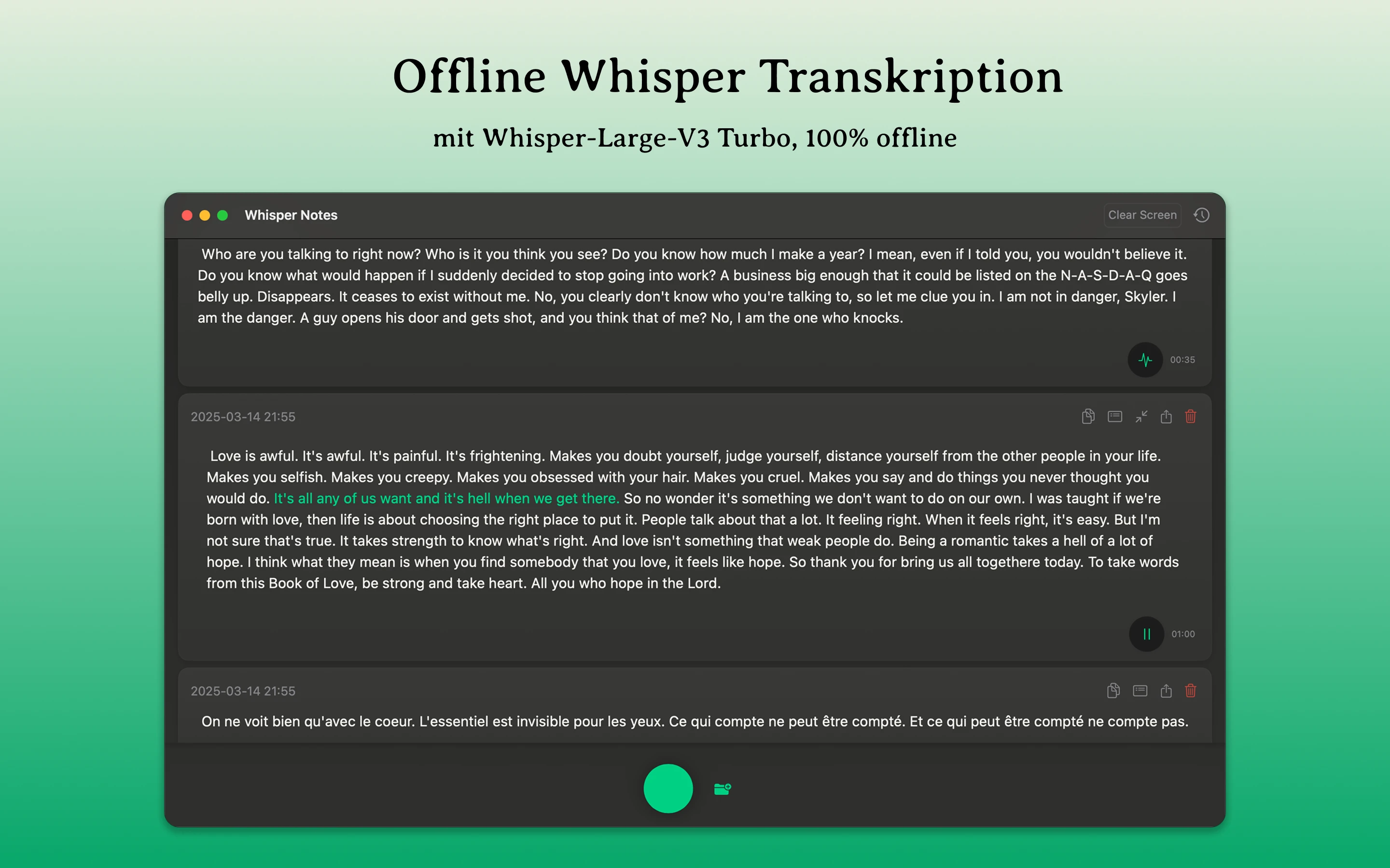 Mac Whisper Notes Benutzeroberfläche