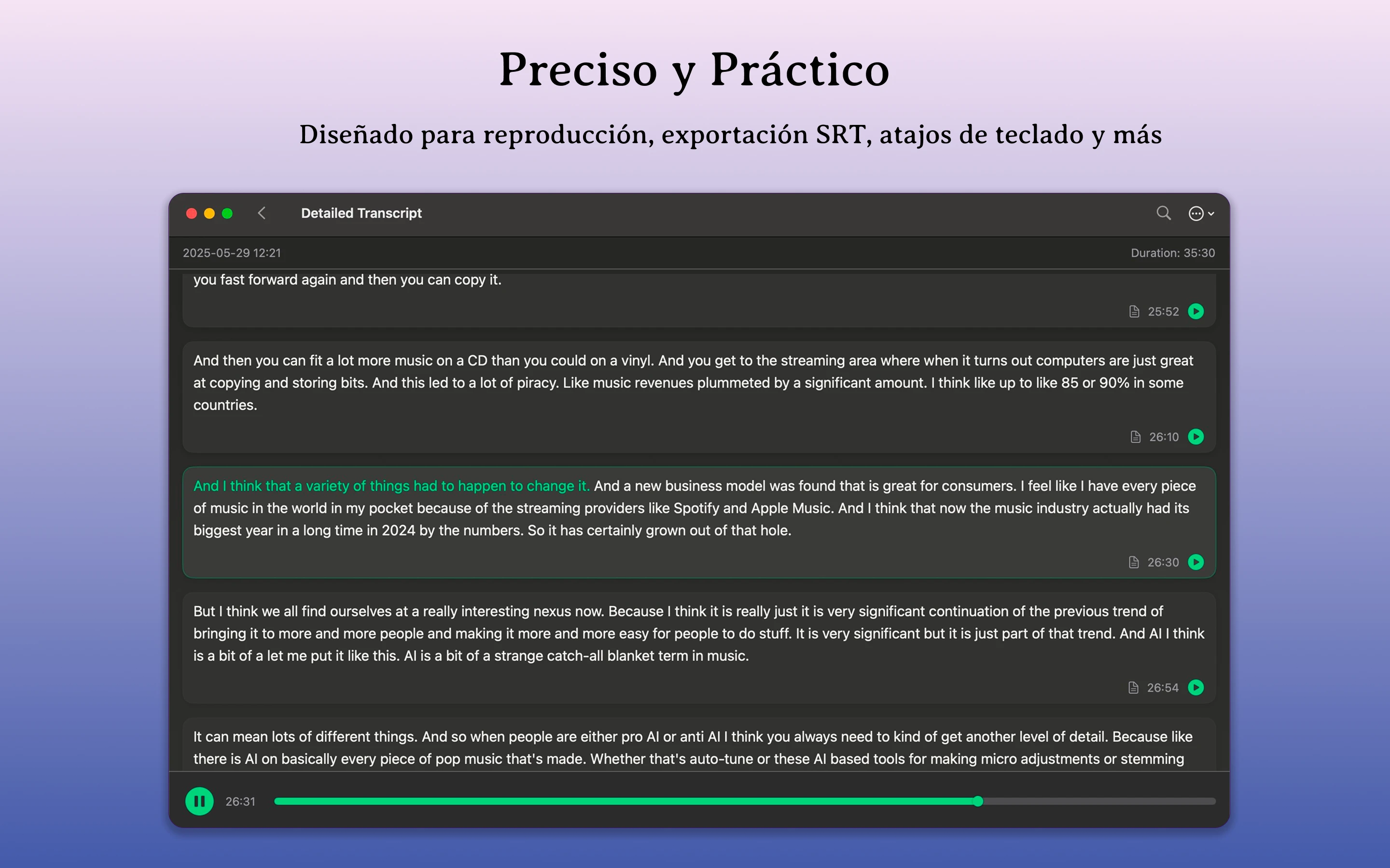 Transcripción con marcas de tiempo en Mac Whisper Notes