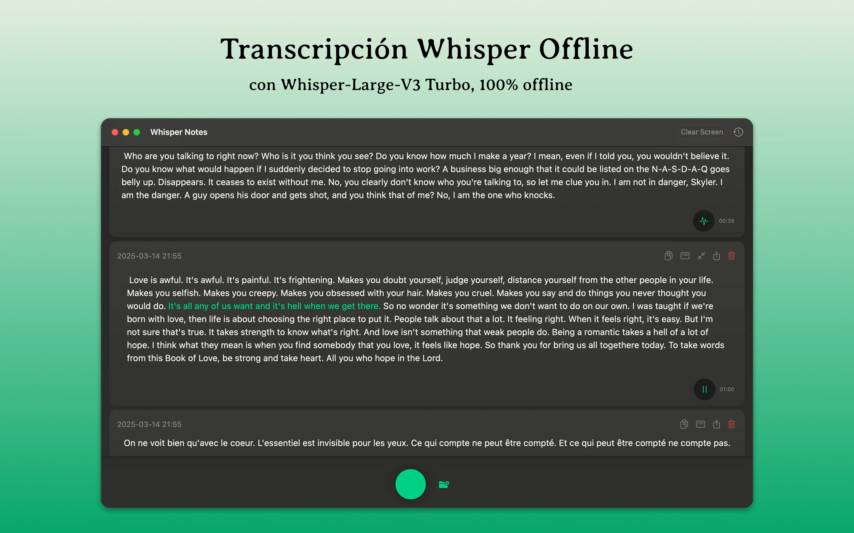 La aplicación Mac Whisper Notes en la pantalla de un MacBook