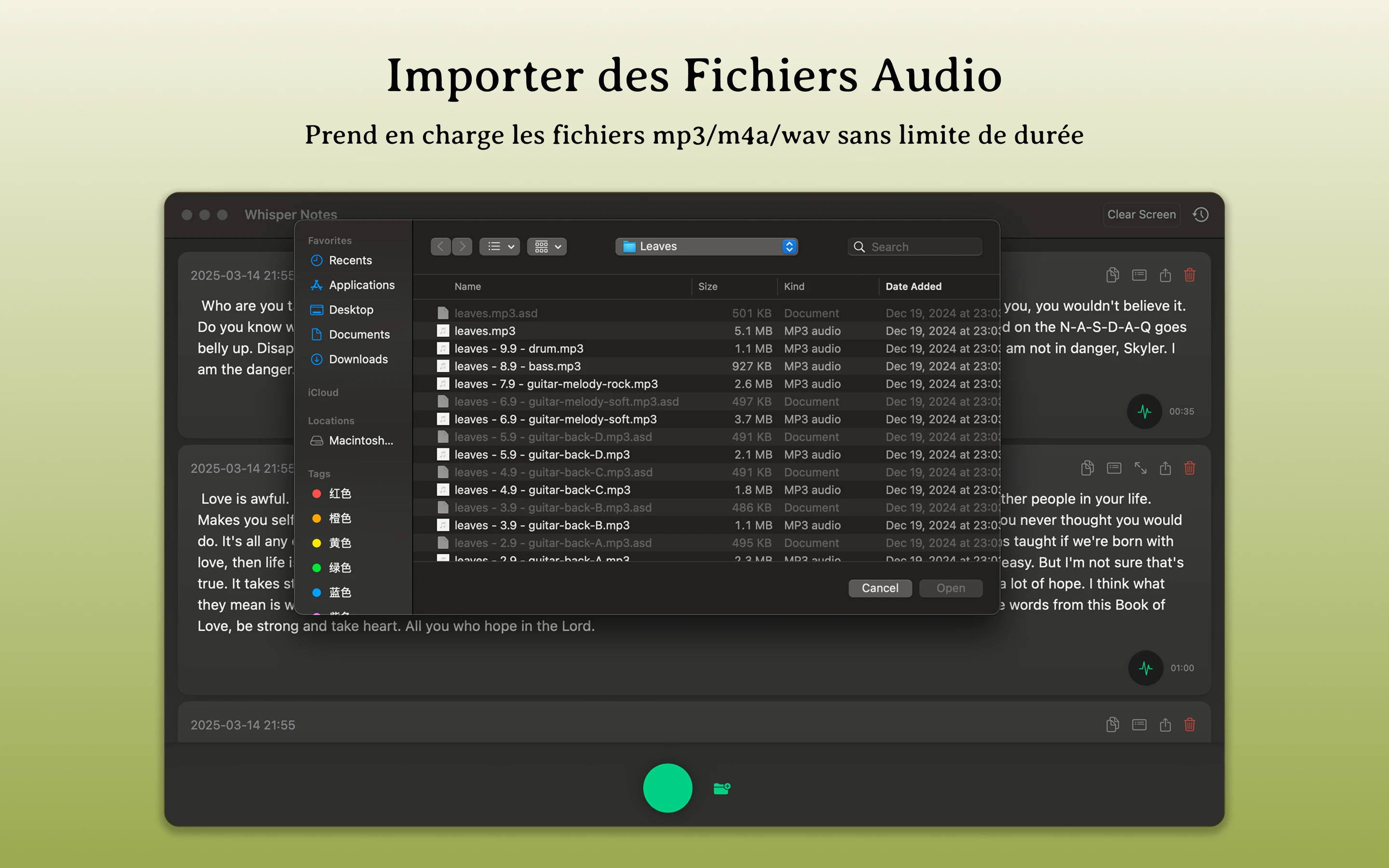 Fonction d'importation audio de Mac Whisper Notes