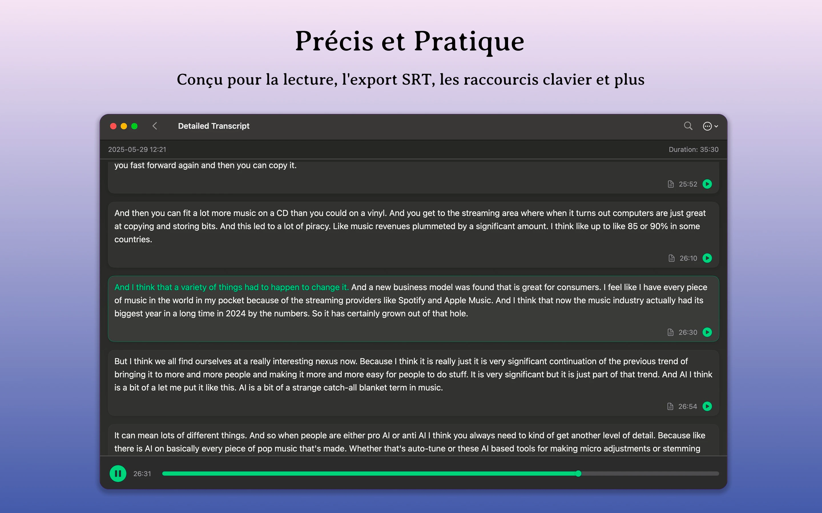 Résultats de transcription horodatés