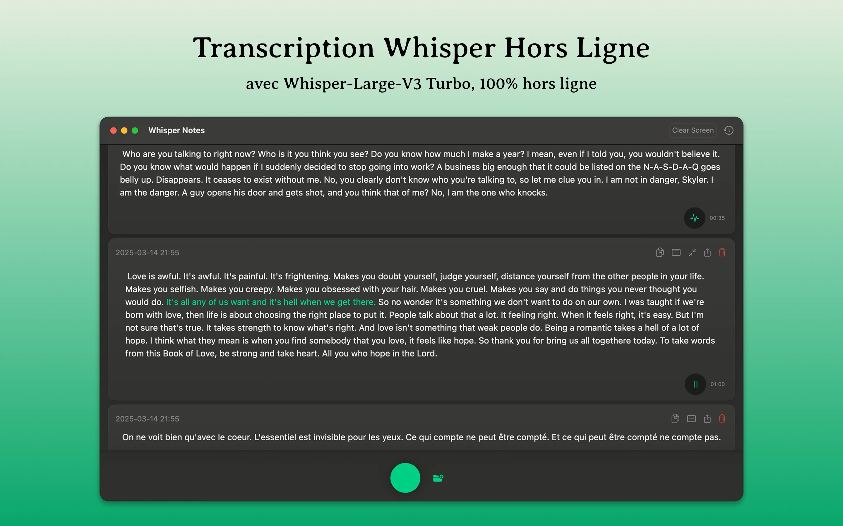 Interface utilisateur de Mac Whisper Notes