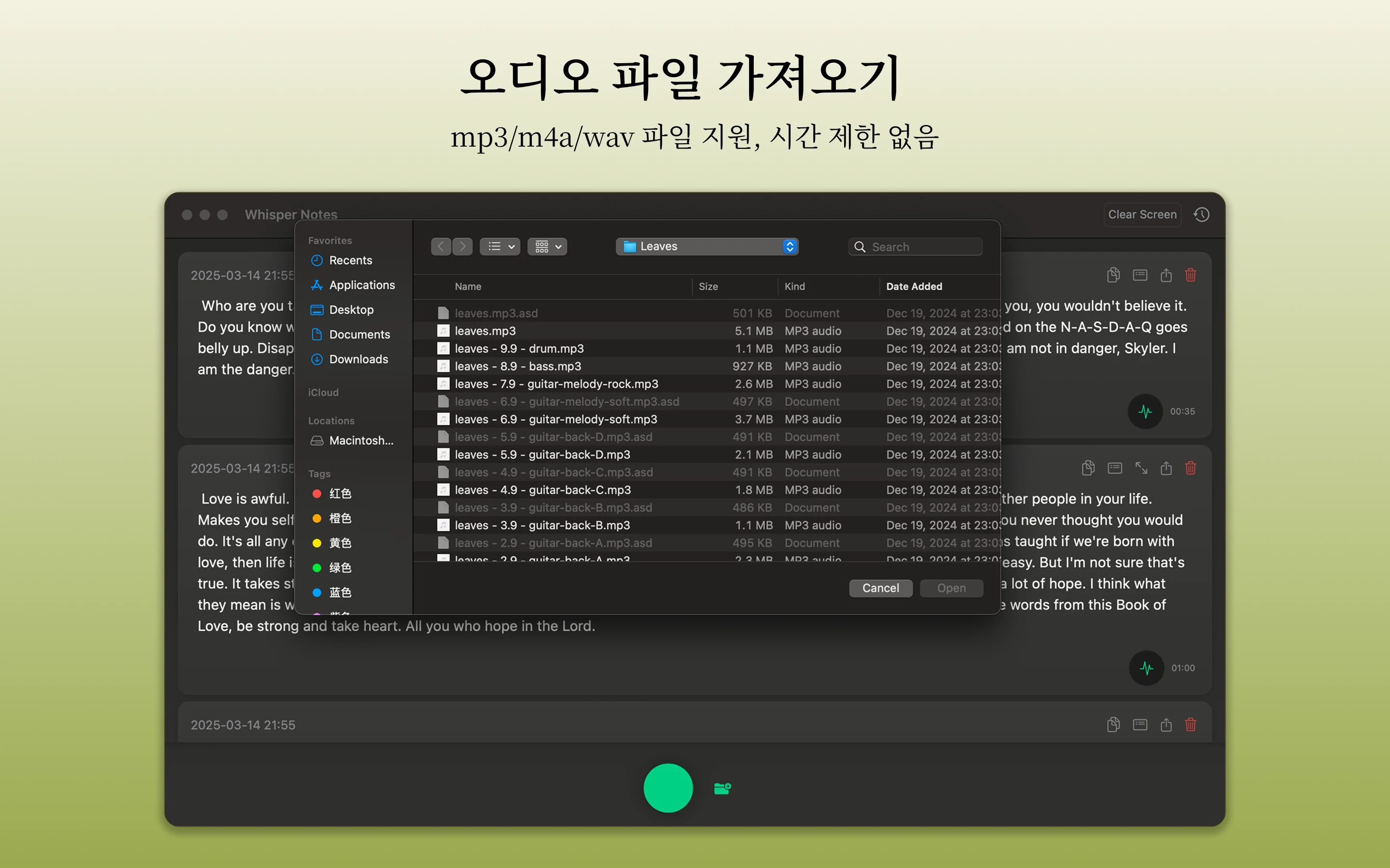 Mac Whisper Notes 오디오 가져오기 기능
