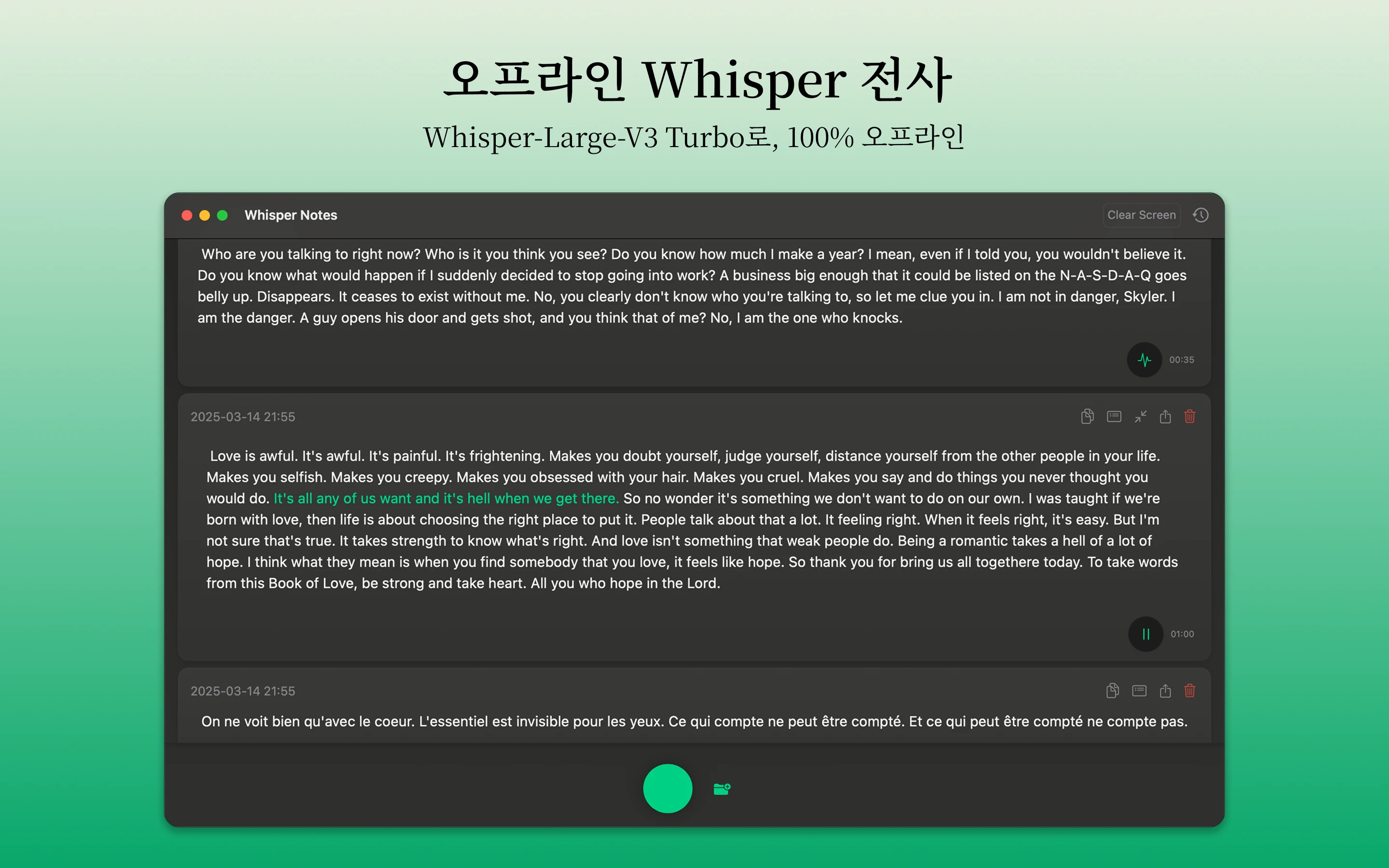 Mac Whisper Notes 사용자 인터페이스