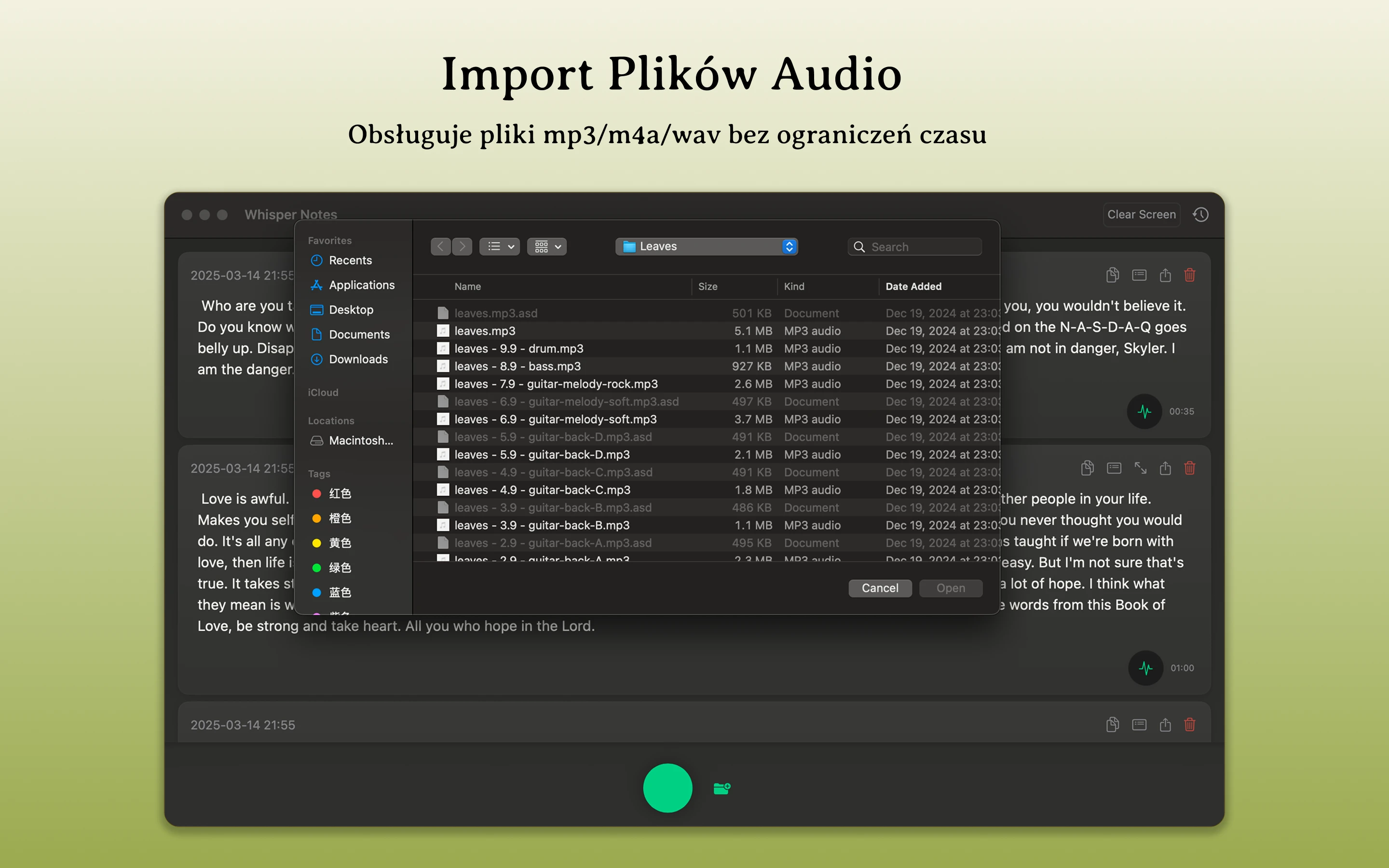 Importowanie plików audio w Mac Whisper Notes
